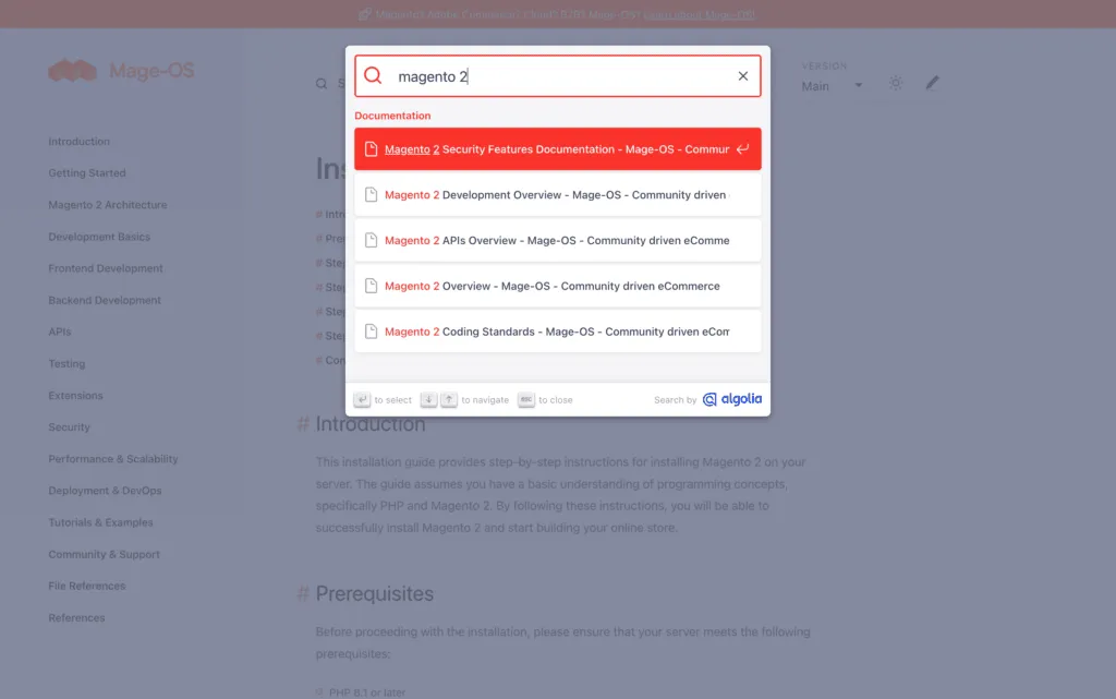 Mage-OS Dev Docs Search Screenshot