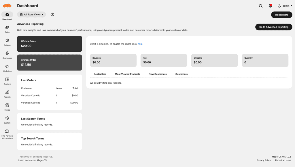 Mage-OS Admin Dashboard showing the sleek M137 admin theme